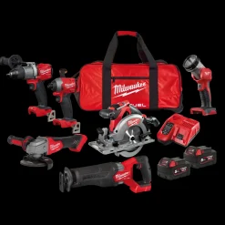 Milwaukee M18 FPP6K2-502B powerpack inkl. slag-/skruemaskiner, bajonetsav, 125mm vinkelsliber og 55mm rundsav inkl. batteri og lader* Bore- Og Skruemaskiner