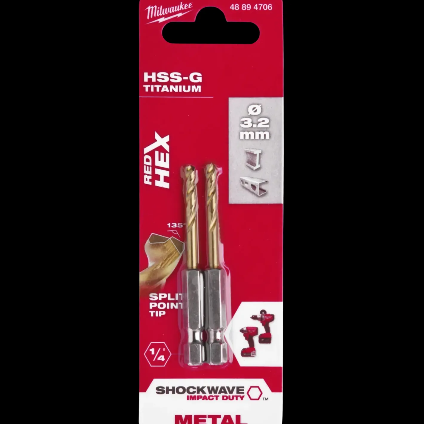 Milwaukee Red Hex shockwave™ HSS-Tin metalbor 3,2 mm* Bor- Og Borsæt