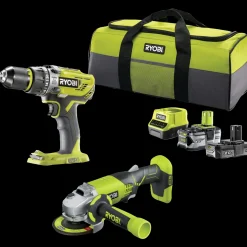 Ryobi håndværkersæt bore-/skruemaskine, vinkelsliber, batterier og taske* Bore- Og Skruemaskiner