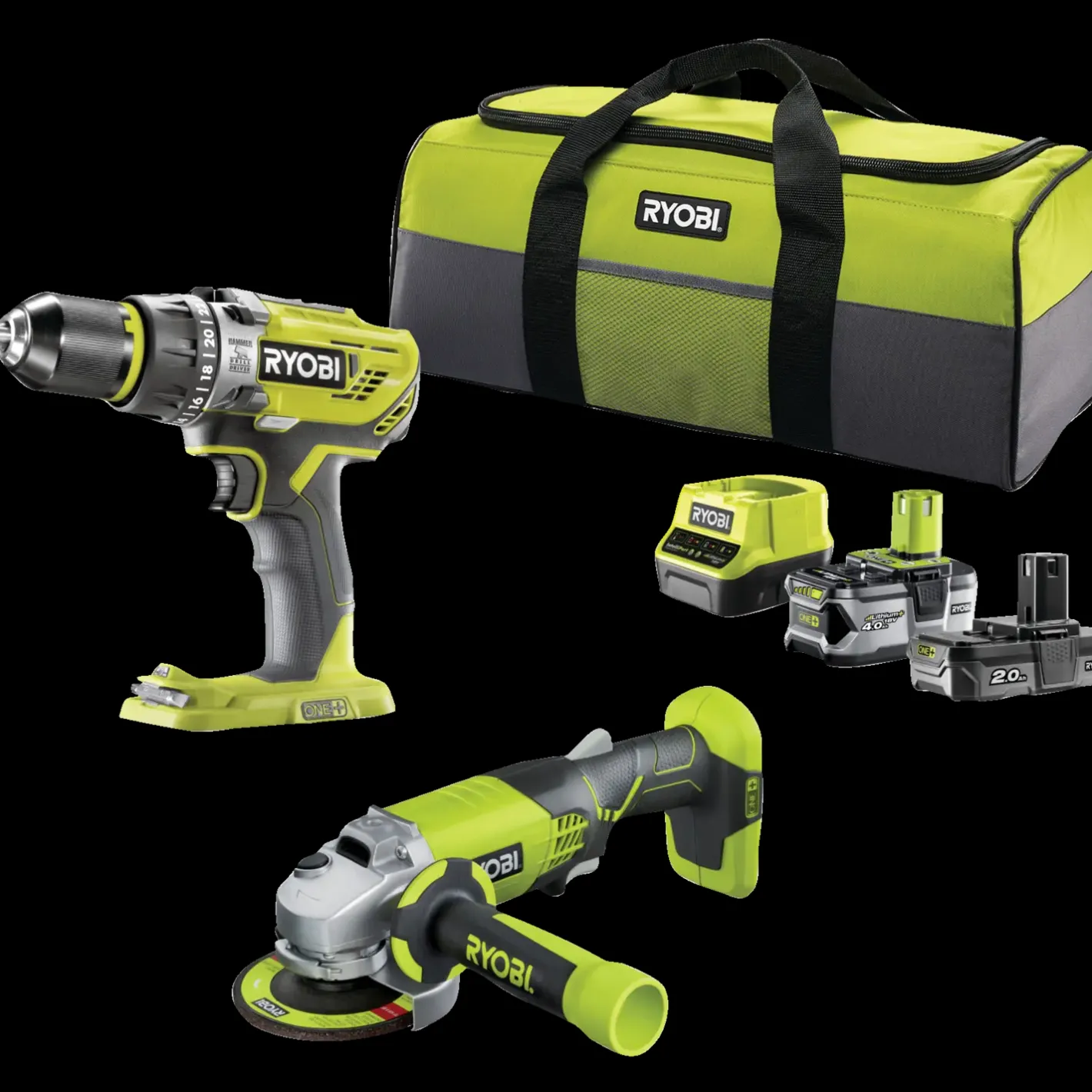 Ryobi håndværkersæt bore-/skruemaskine, vinkelsliber, batterier og taske* Bore- Og Skruemaskiner