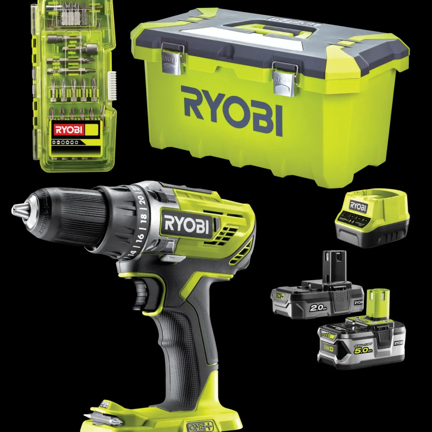 Ryobi R18DD3-252T akku bore-/skruemaskine 1x2,0+1x5,0 Ah 18V ONE+ inkl. 17 dele tilbehør* Bore- Og Skruemaskiner