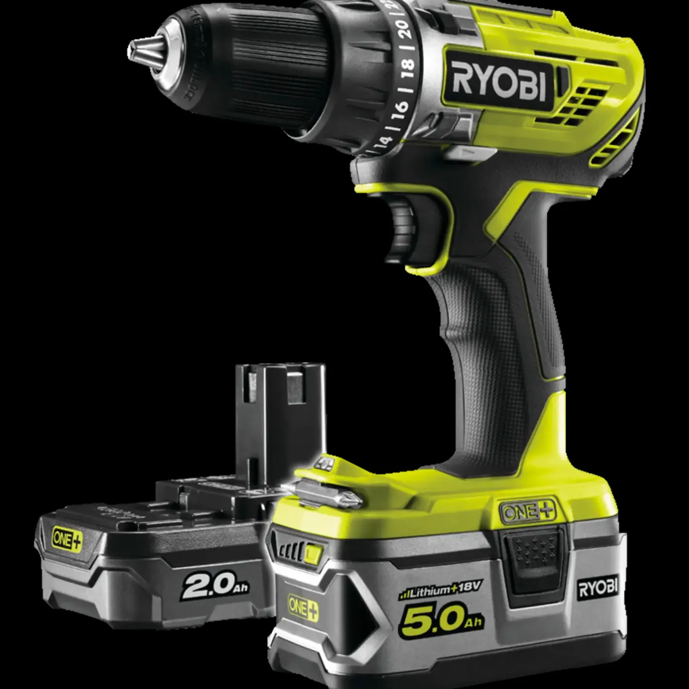 Ryobi R18DD3-252T akku bore-/skruemaskine 1x2,0+1x5,0 Ah 18V ONE+ inkl. 17 dele tilbehør* Bore- Og Skruemaskiner
